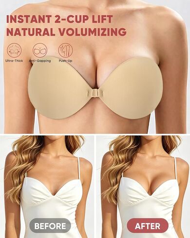 Thick Padded Sticky Bra for Push Up, Invisible Adhesive Backless Strapless Bra Add Cup for Women Dress Top - A Beige in Saudi Arabia