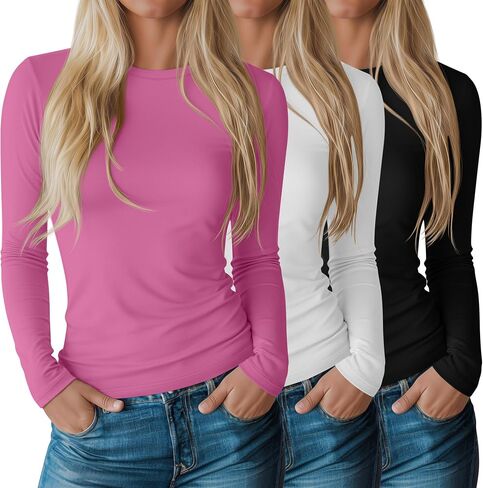 Riyiper 3 Pack Women's Long Sleeve Shirts Cotton Crew Neck Tops Slim Fitted Stretchy Casual Basic Tees 2025 Fall in Kuwait