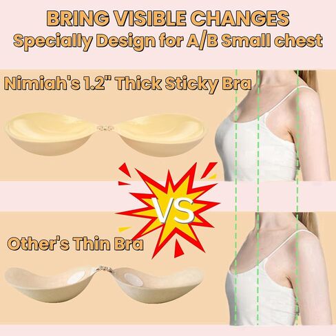 Nimiah Thick Push-up Sticky Bra - 1.2" Padding Adds 1 Cup Size, One Size Fits 30A/B-34A, Invisible Backless Strapless Adhesive Bra for Wedding, Party, Low Cut Dresses Beige in Saudi Arabia