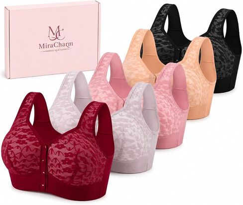 Women's Front Closure Wireless Bra, Full Coverage Lace Bra with Wide Straps, Comfortable No Underwire Support Bra in Kuwait