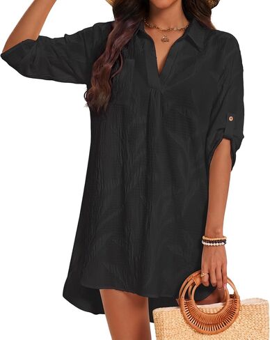 Bsubseach 3/4 Sleeve Swimsuit Coverup for Women Jacquard Bathing Suit Cover Ups Pull Over Beach Dress Vacation Outfits in Kuwait
