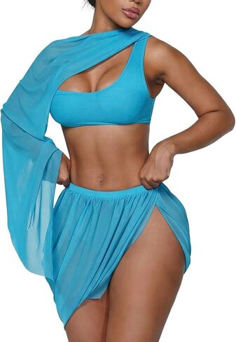 acelyn Women’s Sexy Bikini Sets 4 Piece Swimsuits One Shoulder High Waisted Bathing Suit with Sheer Cover Up Skirt and Sleeve in Kuwait