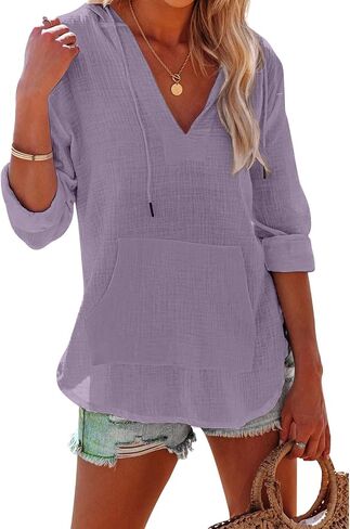 Women's Beach Cover Up Hooded Linen Shirts Casual Long Sleeve V Neck Lightweight Pullover Tops in Saudi Arabia