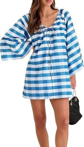 Women's Boho Dress Gingham Bell Sleeve Tie Neck Shift Dress Beach Cover Up Mini Dress(Blue-XL) in Saudi Arabia