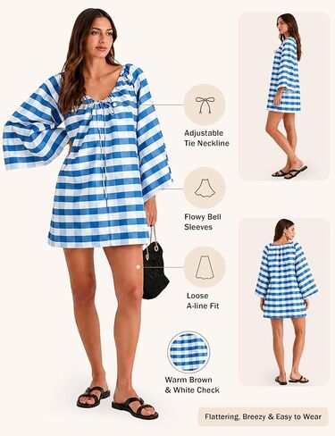 Women's Boho Dress Gingham Bell Sleeve Tie Neck Shift Dress Beach Cover Up Mini Dress(Blue-XL) in Saudi Arabia