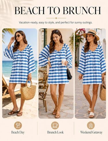 Women's Boho Dress Gingham Bell Sleeve Tie Neck Shift Dress Beach Cover Up Mini Dress(Blue-XL) in Saudi Arabia