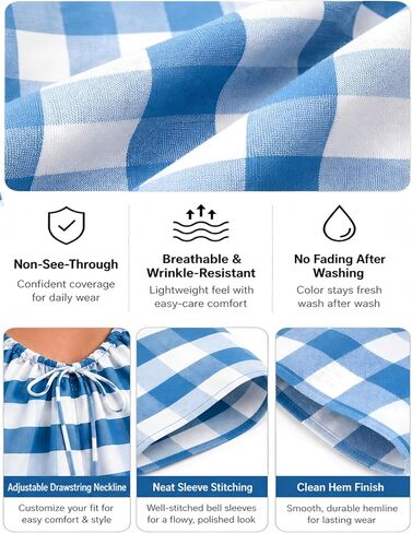 Women's Boho Dress Gingham Bell Sleeve Tie Neck Shift Dress Beach Cover Up Mini Dress(Blue-XL) in Saudi Arabia