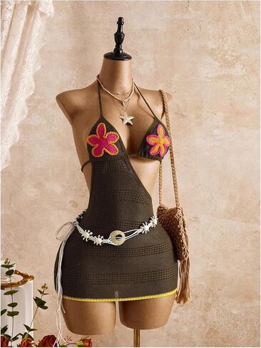 SweatyRocks Women's Crochet Halter Short Dress Floral Backless Knit Mini Coverup Dresses Summer Vacation Outfits in Kuwait
