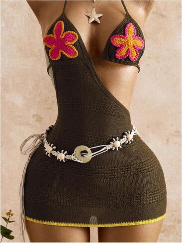 SweatyRocks Women's Crochet Halter Short Dress Floral Backless Knit Mini Coverup Dresses Summer Vacation Outfits in Kuwait