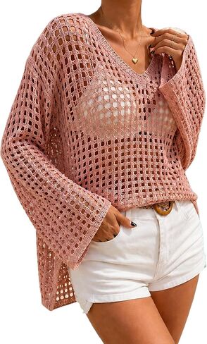Women's Lightweight Summer Sweaters long Sleeve crochet mesh Tops Casual Beach Cover Ups Swim Suit Cover Up in Saudi Arabia