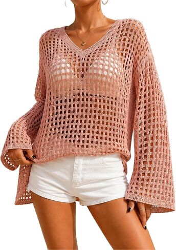 Women's Lightweight Summer Sweaters long Sleeve crochet mesh Tops Casual Beach Cover Ups Swim Suit Cover Up in Saudi Arabia