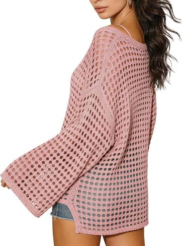 Women's Lightweight Summer Sweaters long Sleeve crochet mesh Tops Casual Beach Cover Ups Swim Suit Cover Up in Saudi Arabia