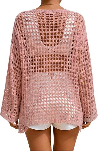 Women's Lightweight Summer Sweaters long Sleeve crochet mesh Tops Casual Beach Cover Ups Swim Suit Cover Up in Saudi Arabia