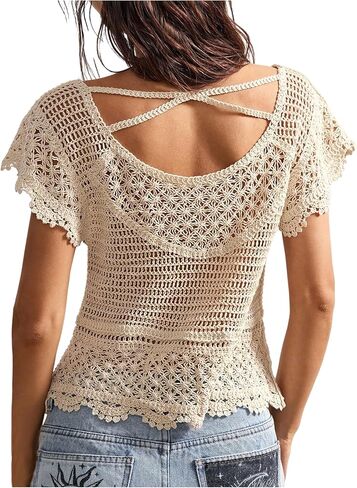 MakeMeChic Women's Summer Boho Crochet Tops Hollow Out Sweater Short Sleeve Backless Top Beach Coverup in Saudi Arabia