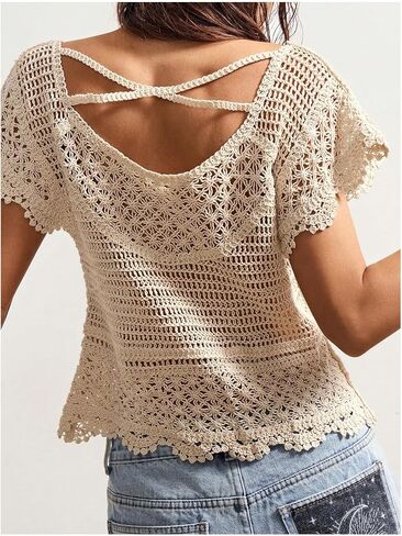 MakeMeChic Women's Summer Boho Crochet Tops Hollow Out Sweater Short Sleeve Backless Top Beach Coverup in Saudi Arabia