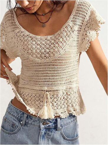 MakeMeChic Women's Summer Boho Crochet Tops Hollow Out Sweater Short Sleeve Backless Top Beach Coverup in Saudi Arabia