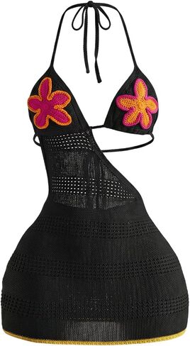 SweatyRocks Women's Crochet Halter Short Dress Floral Backless Knit Mini Coverup Dresses Summer Vacation Outfits in Kuwait