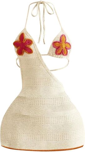SweatyRocks Women's Crochet Halter Short Dress Floral Backless Knit Mini Coverup Dresses Summer Vacation Outfits in Kuwait