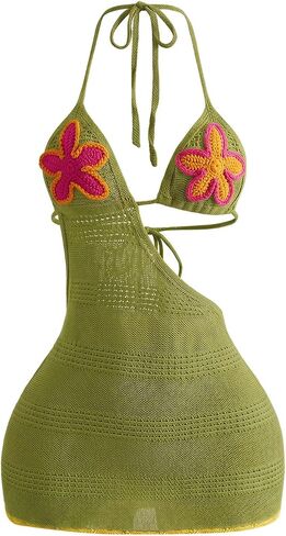 SweatyRocks Women's Crochet Halter Short Dress Floral Backless Knit Mini Coverup Dresses Summer Vacation Outfits in Kuwait