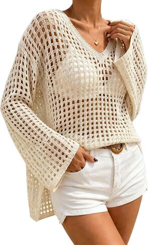 Women's Lightweight Summer Sweaters long Sleeve crochet mesh Tops Casual Beach Cover Ups Swim Suit Cover Up in Saudi Arabia