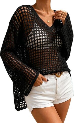 Women's Lightweight Summer Sweaters long Sleeve crochet mesh Tops Casual Beach Cover Ups Swim Suit Cover Up in Saudi Arabia