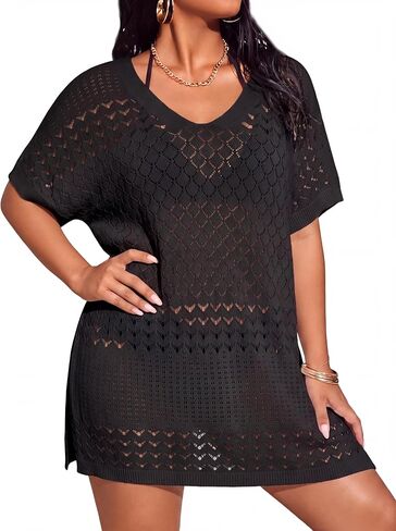Women's Plus Size Swimsuit Summer Beach Cover Up Short Sleeve Hollow Out Swimwear Lightweight Sweater with Unique Design in Saudi Arabia