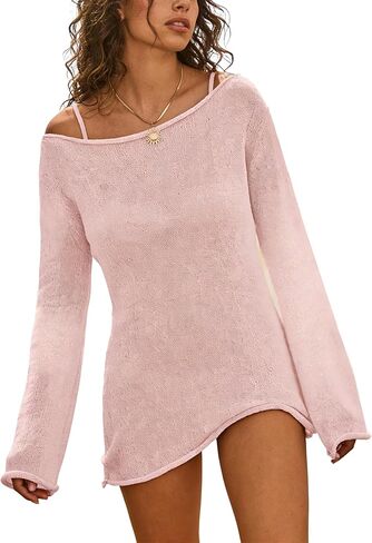 Womens Boat Neck Long Sleeve Knit Swimsuit Coverup Bathing Suit Beach Cover Up Summer Boho Top in Kuwait