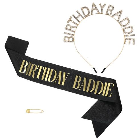 Birthday Baddie Crown and Sash Set for Women & Men, Black Glitter Sash with Gold Foil, Rhinestone Tiara Headband, Happy Funny Decorations Baddie Accessories Birthday Party Favors Supplies in Saudi Arabia