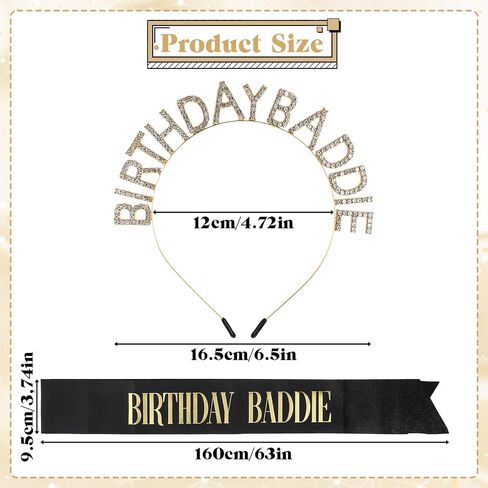 Birthday Baddie Crown and Sash Set for Women & Men, Black Glitter Sash with Gold Foil, Rhinestone Tiara Headband, Happy Funny Decorations Baddie Accessories Birthday Party Favors Supplies in Saudi Arabia