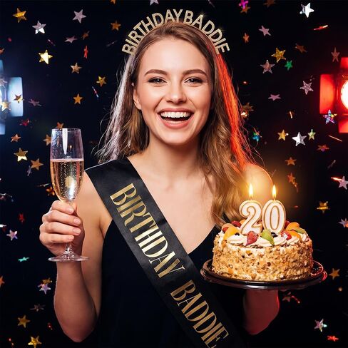 Birthday Baddie Crown and Sash Set for Women & Men, Black Glitter Sash with Gold Foil, Rhinestone Tiara Headband, Happy Funny Decorations Baddie Accessories Birthday Party Favors Supplies in Saudi Arabia
