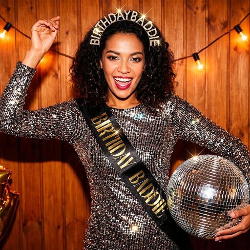 Birthday Baddie Crown and Sash Set for Women & Men, Black Glitter Sash with Gold Foil, Rhinestone Tiara Headband, Happy Funny Decorations Baddie Accessories Birthday Party Favors Supplies in Saudi Arabia