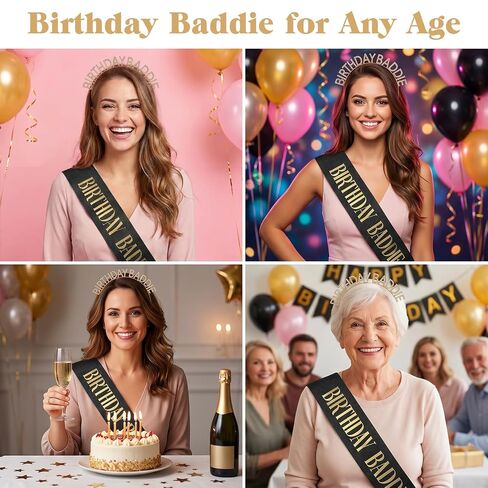 Birthday Baddie Crown and Sash Set for Women & Men, Black Glitter Sash with Gold Foil, Rhinestone Tiara Headband, Happy Funny Decorations Baddie Accessories Birthday Party Favors Supplies in Saudi Arabia