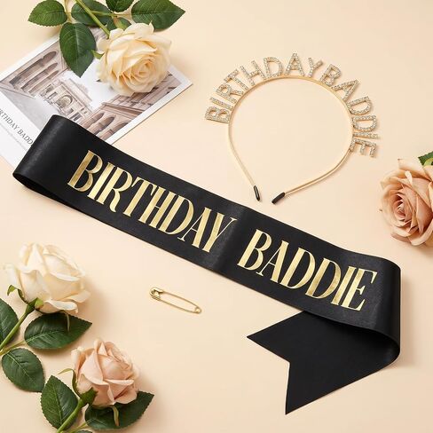 Birthday Baddie Crown and Sash Set for Women & Men, Black Glitter Sash with Gold Foil, Rhinestone Tiara Headband, Happy Funny Decorations Baddie Accessories Birthday Party Favors Supplies in Saudi Arabia