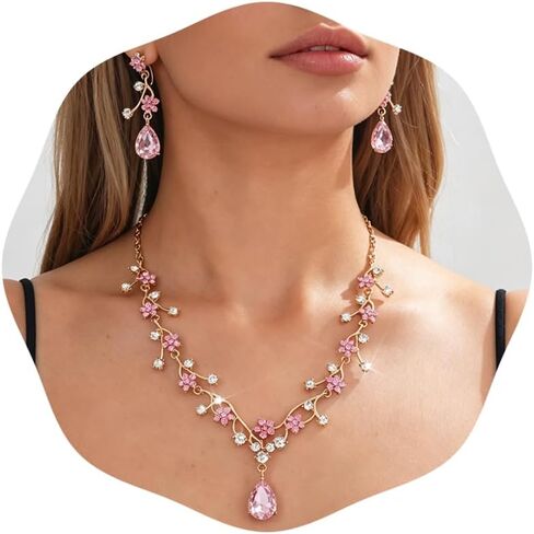 Crystal Wedding Jewelry Set for Women Exquisite Flower and Leaf Designs Colored Artificial Rhinestone Necklace Earring Bracelet Ring Set for Prom Wedding Jewelry Party Costume Accessories in Saudi Arabia