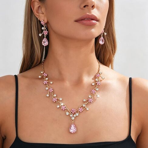 Crystal Wedding Jewelry Set for Women Exquisite Flower and Leaf Designs Colored Artificial Rhinestone Necklace Earring Bracelet Ring Set for Prom Wedding Jewelry Party Costume Accessories in Saudi Arabia