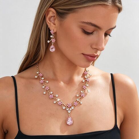 Crystal Wedding Jewelry Set for Women Exquisite Flower and Leaf Designs Colored Artificial Rhinestone Necklace Earring Bracelet Ring Set for Prom Wedding Jewelry Party Costume Accessories in Saudi Arabia