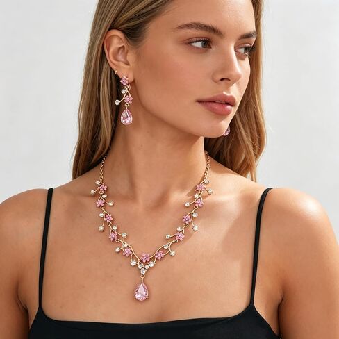 Crystal Wedding Jewelry Set for Women Exquisite Flower and Leaf Designs Colored Artificial Rhinestone Necklace Earring Bracelet Ring Set for Prom Wedding Jewelry Party Costume Accessories in Saudi Arabia