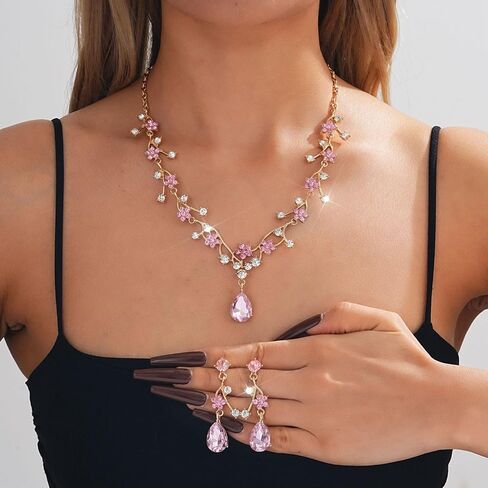 Crystal Wedding Jewelry Set for Women Exquisite Flower and Leaf Designs Colored Artificial Rhinestone Necklace Earring Bracelet Ring Set for Prom Wedding Jewelry Party Costume Accessories in Saudi Arabia