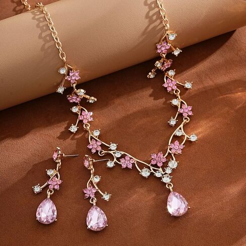 Crystal Wedding Jewelry Set for Women Exquisite Flower and Leaf Designs Colored Artificial Rhinestone Necklace Earring Bracelet Ring Set for Prom Wedding Jewelry Party Costume Accessories in Saudi Arabia