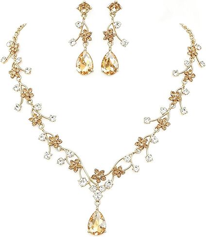 Crystal Wedding Jewelry Set for Women Exquisite Flower and Leaf Designs Colored Artificial Rhinestone Necklace Earring Bracelet Ring Set for Prom Wedding Jewelry Party Costume Accessories in Saudi Arabia