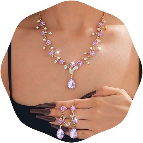 Crystal Wedding Jewelry Set for Women Exquisite Flower and Leaf Designs Colored Artificial Rhinestone Necklace Earring Bracelet Ring Set for Prom Wedding Jewelry Party Costume Accessories in Saudi Arabia