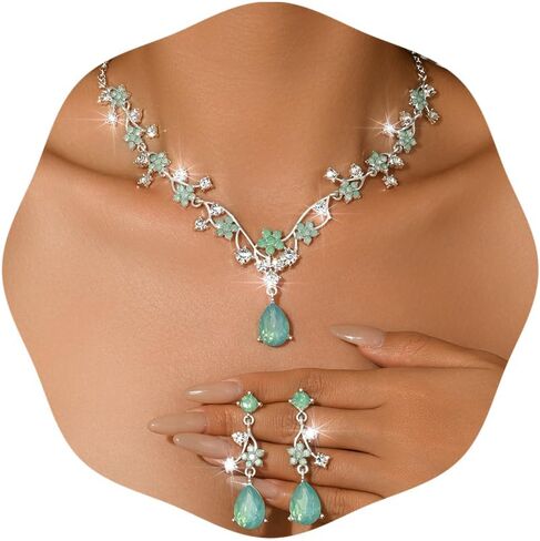 Crystal Wedding Jewelry Set for Women Exquisite Flower and Leaf Designs Colored Artificial Rhinestone Necklace Earring Bracelet Ring Set for Prom Wedding Jewelry Party Costume Accessories in Saudi Arabia