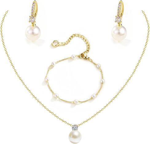 Gold Jewelry Set for Women - Dainty 14K Gold/Silver Pearl Necklaces and Earring Set Pearl Drop Earrings Bracelets Choker Necklace Wedding Bride Jewelry Gifts in Saudi Arabia