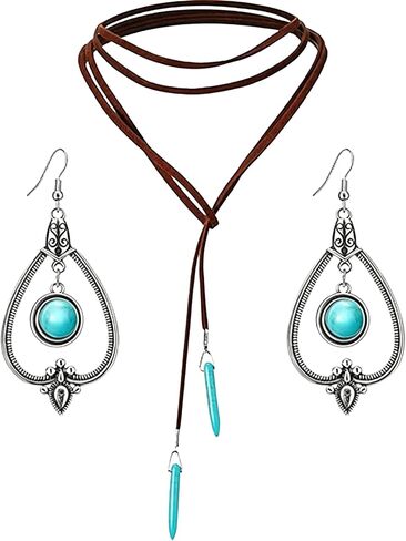 Turquoise Western Cowgirl Jewelry Set for Women, Bohemian Vintage Suede Leather Long Choker Necklace Turquoise Drop Earrings, Retro Cowboy Style Pendant Jewelry in Saudi Arabia