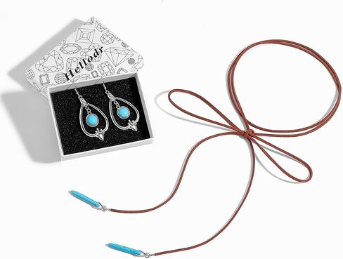 Turquoise Western Cowgirl Jewelry Set for Women, Bohemian Vintage Suede Leather Long Choker Necklace Turquoise Drop Earrings, Retro Cowboy Style Pendant Jewelry in Saudi Arabia