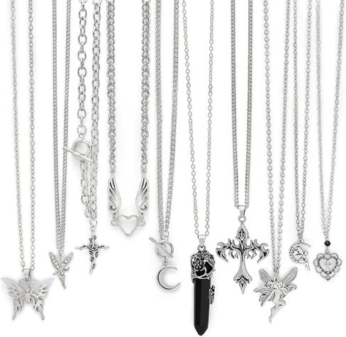 Fscwlmon 10PCS Layered Grunge Y2K Goth Necklace Set for Women Men Gothic Cross Thorns Butterfly Goth Heart Feather Choker Vintage Grunge Witchy Alternative Jewelry Y2K Alt Emo Scene Accessory Gift in Saudi Arabia
