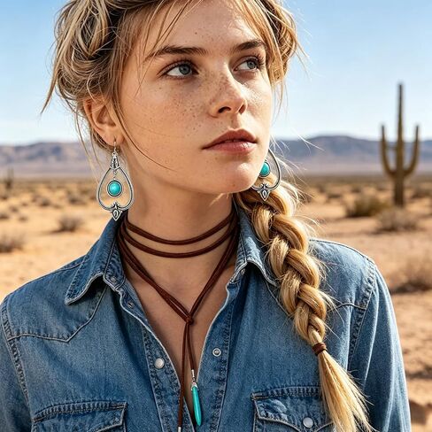 Turquoise Western Cowgirl Jewelry Set for Women, Bohemian Vintage Suede Leather Long Choker Necklace Turquoise Drop Earrings, Retro Cowboy Style Pendant Jewelry in Saudi Arabia