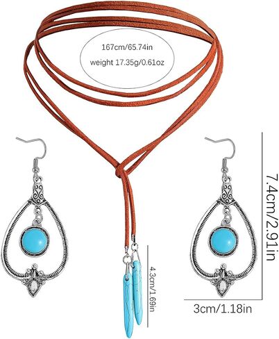 Turquoise Western Cowgirl Jewelry Set for Women, Bohemian Vintage Suede Leather Long Choker Necklace Turquoise Drop Earrings, Retro Cowboy Style Pendant Jewelry in Saudi Arabia