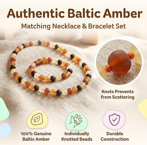 Baltic Amber Necklace & Bracelet – Raw Honey Baltic Amber Bead Jewelry with Individually Knotted Design & Screw Clasp, 12.5 in Necklace & 5.5 in Bracelet for Everyday Accessories in Saudi Arabia