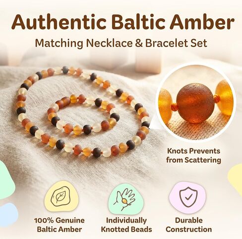 Baltic Amber Necklace & Bracelet – Raw Honey Baltic Amber Bead Jewelry with Individually Knotted Design & Screw Clasp, 12.5 in Necklace & 5.5 in Bracelet for Everyday Accessories in Saudi Arabia